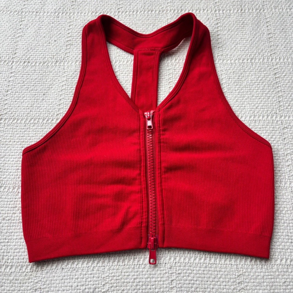 Women's Medium SET Active SculptFlex Cherry Red Zip Front Racerback Sports Bra